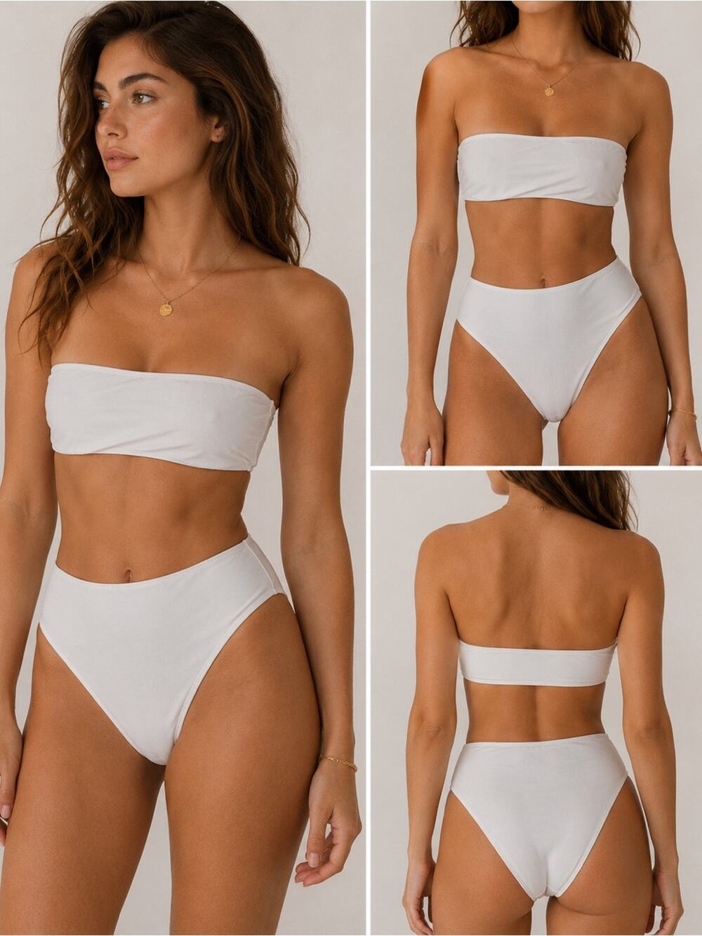 White Strapless Bandeau Bikini Set High Waisted Two Piece Swimsuit Size L New